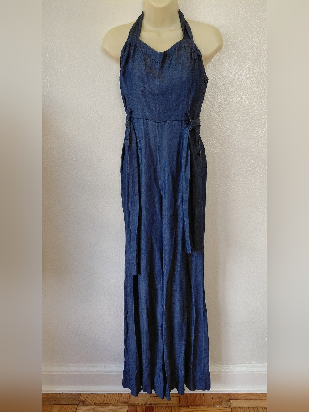 ELEVENSES- By Anthropologie Women's  Sz 6 Denim Look Halter Jumpsuit Blue, Flare